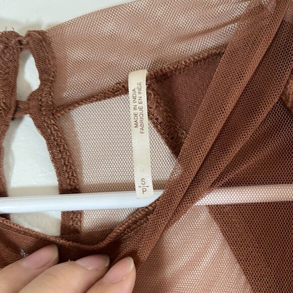 Free People Saheli Brown Long Sleeve Shee Yoke Embroidered Trim Blouse Womens S - Picture 5 of 12